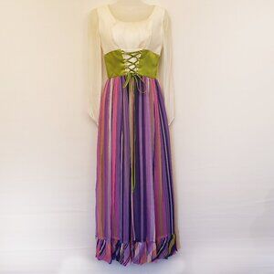 RARE Vintage Dress, White w/ Purple, Pink stripes & Green Front Corset